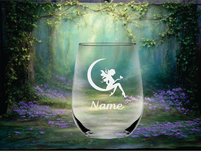 Fairy with Name, 17 oz.  Custom Stemless Wine Glass - Personalized Fairy Themed Gift for Women and Men