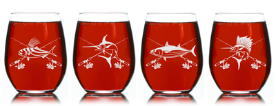 Fish Stemless Wine Glass Set - Fish Themed Gift for Women and Men - 4 Pieces