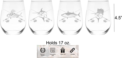 Fish Stemless Wine Glass Set - Fish Themed Gift for Women and Men - 4 Pieces