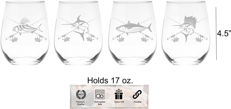 Fish Stemless Wine Glass Set - Fish Themed Gift for Women and Men - 4 Pieces