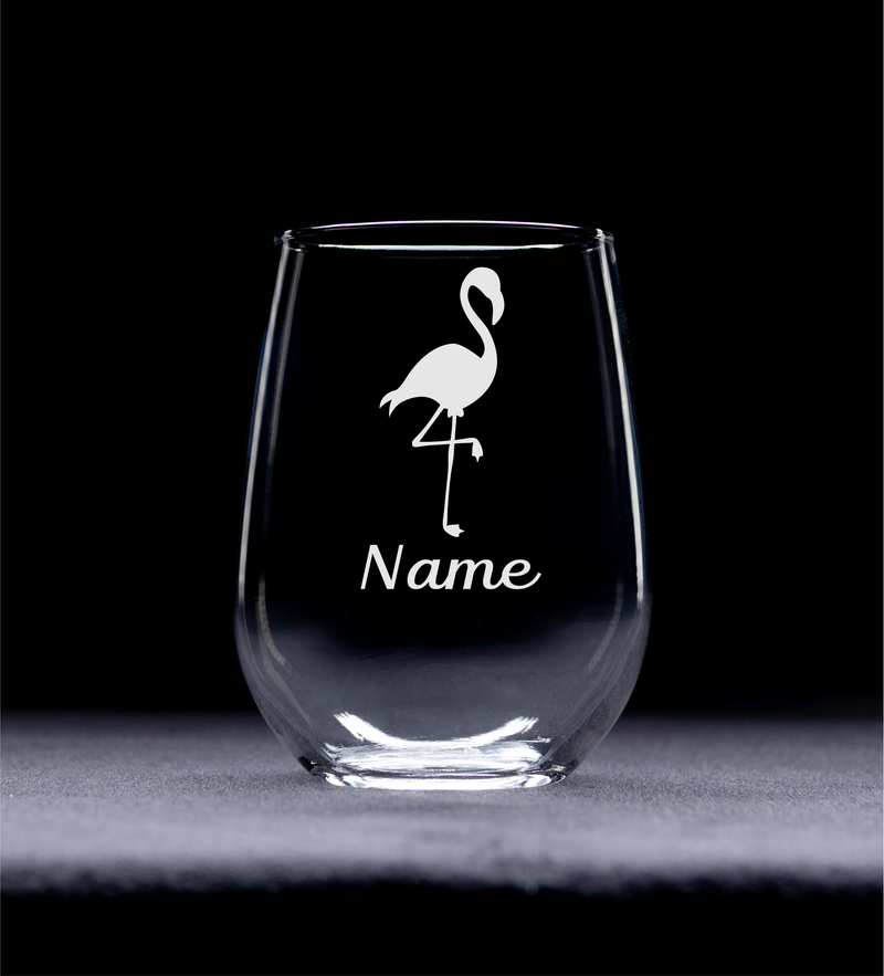 Flamingo with Name, 17  oz Custom Stemless Wine Glass - Personalized Flamingo Themed Gift for Women and Men