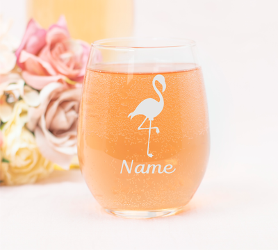 Flamingo with Name, 17  oz Custom Stemless Wine Glass - Personalized Flamingo Themed Gift for Women and Men