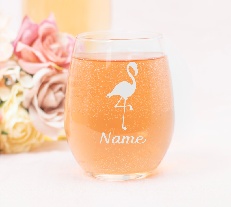 Flamingo with Name, 17  oz Custom Stemless Wine Glass - Personalized Flamingo Themed Gift for Women and Men