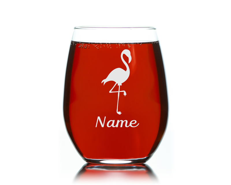 Flamingo with Name, 17  oz Custom Stemless Wine Glass - Personalized Flamingo Themed Gift for Women and Men