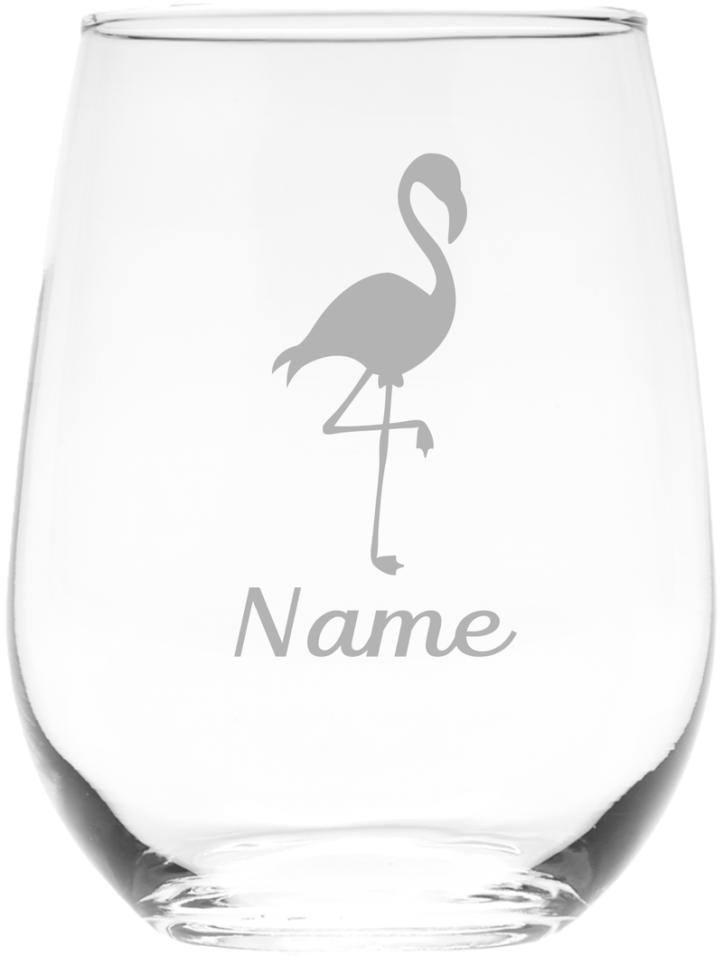 Flamingo with Name, 17  oz Custom Stemless Wine Glass - Personalized Flamingo Themed Gift for Women and Men