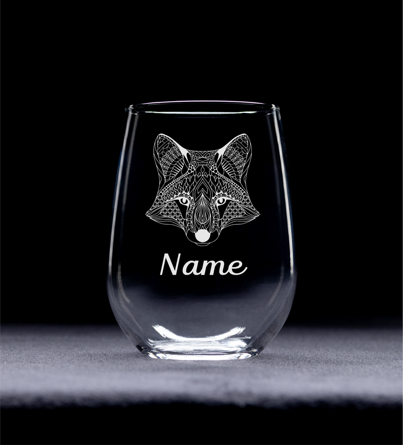 Fox with Name, 17 oz.  Custom Stemless Wine Glass - Personalized Fox Themed Gift for Women and Men