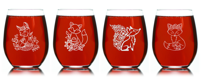 Fox Stemless Wine Glass Set – Fox Themed Gift for Women and Men – 4 Pieces