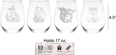 Fox Stemless Wine Glass Set – Fox Themed Gift for Women and Men – 4 Pieces
