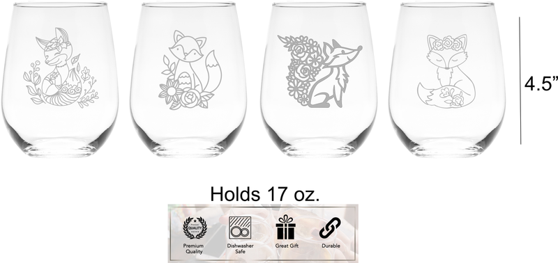 Fox Stemless Wine Glass Set – Fox Themed Gift for Women and Men – 4 Pieces