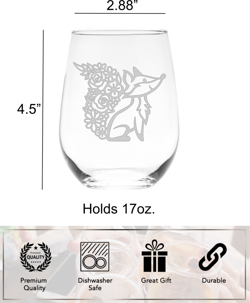 Fox Stemless Wine Glass - Fox Themed Gift for Women and Men - 17 oz. (Style F3)