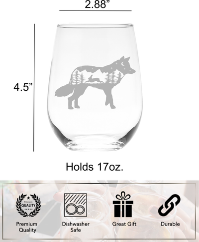 Fox Stemless Wine Glass - Fox Themed Gift for Women and Men -  17 oz. (Style F6)