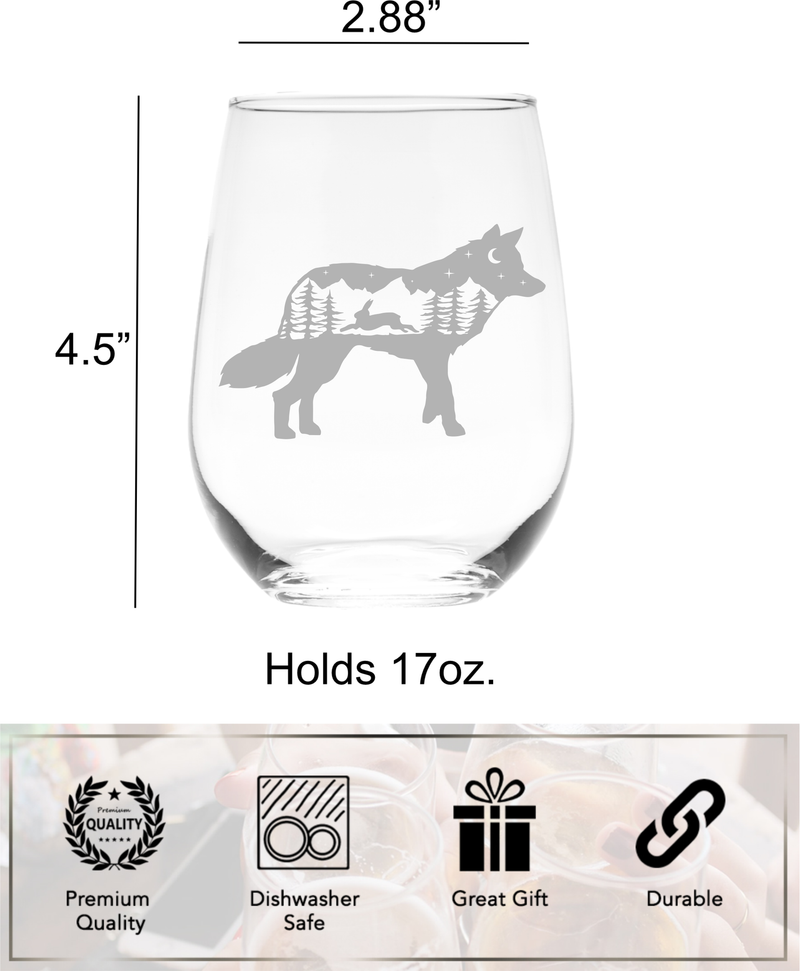 Fox Stemless Wine Glass - Fox Themed Gift for Women and Men -  17 oz. (Style F6)
