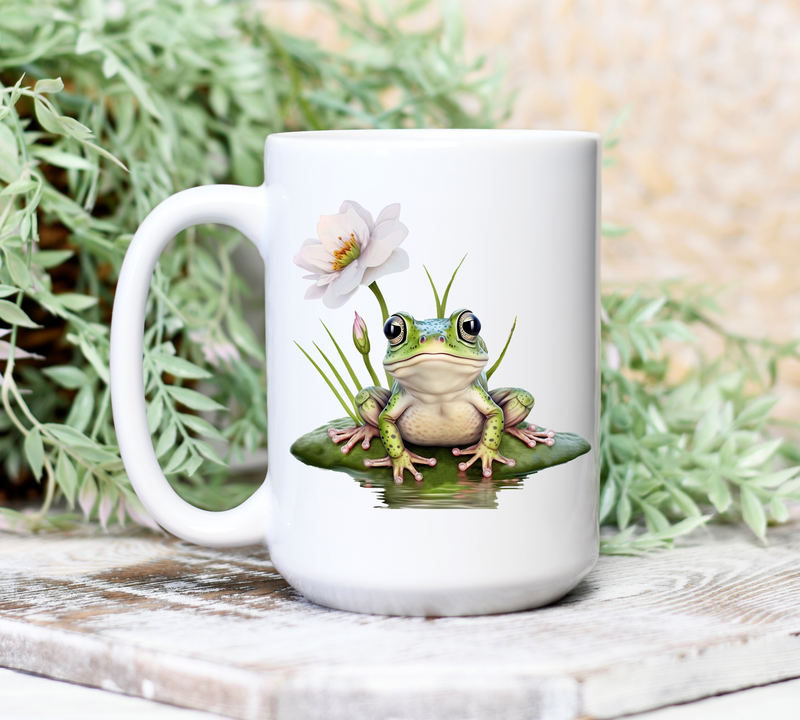 Frog on Lilypad and Flower ceramic coffee mug, 15oz