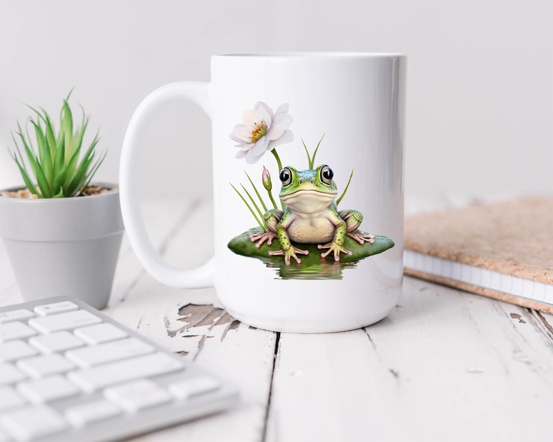 Frog on Lilypad and Flower ceramic coffee mug, 15oz