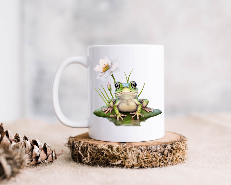 Frog on Lilypad and Flower ceramic coffee mug, 15oz