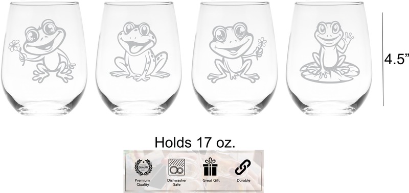 Frog Stemless Wine Glass Set – Frog Themed Gift for Women and Men - 4 Pieces