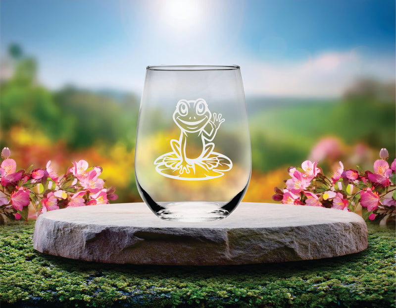 Frog Stemless Wine Glass - Frog Themed Gift for Women and Men - 17 oz. (Style F2)