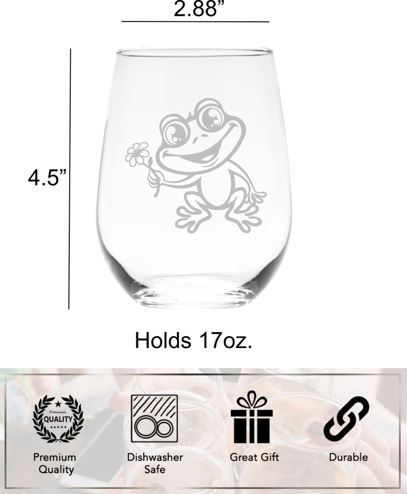Frog Stemless Wine Glass - Frog Themed Gift for Women and Men - 17 oz. (Style F3)