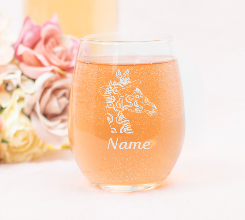 Giraffe with Name, 17 oz.  Custom Stemless Wine Glass - Personalized Giraffe Themed Gift for Women and Men