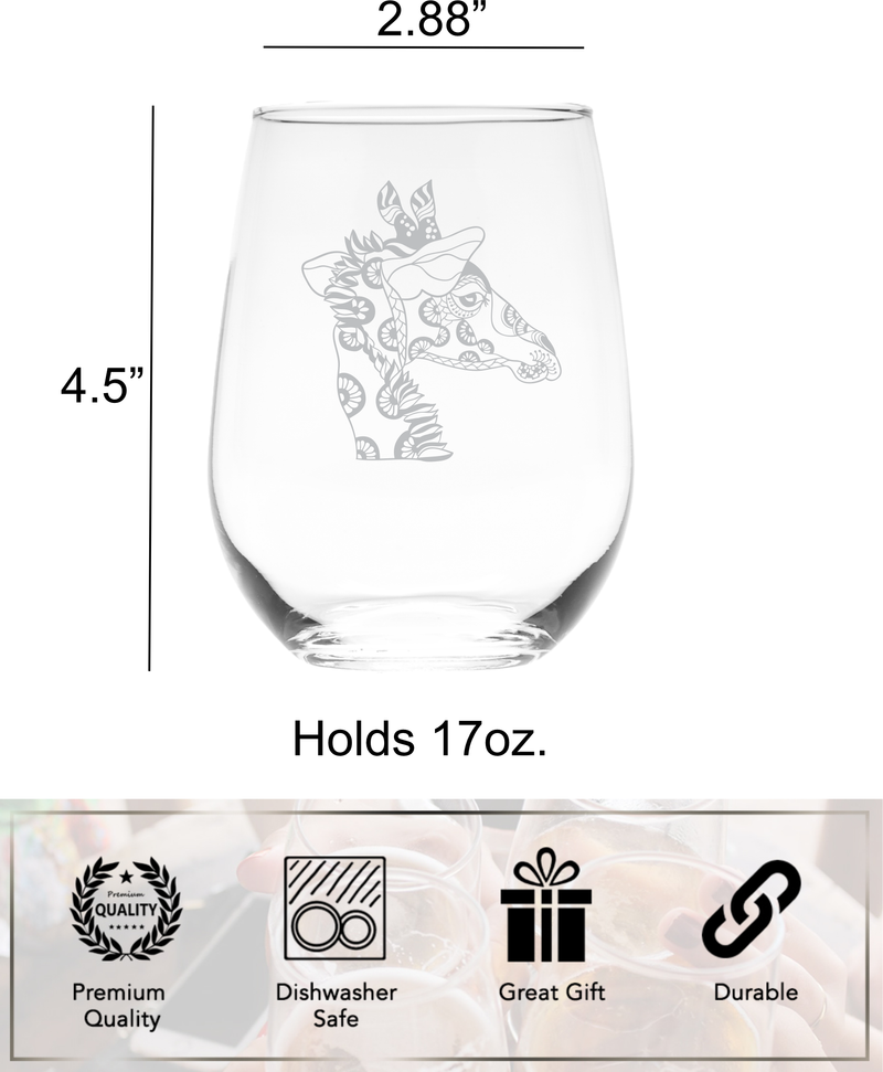 Giraffe Stemless Wine Glass, 17 oz. - 1 Piece - Giraffe Themed Gift for Men and Women