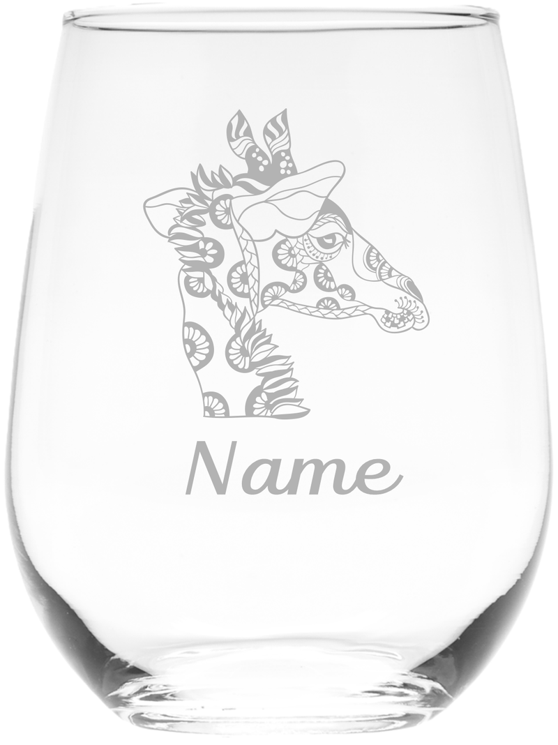 Giraffe with Name, 17 oz.  Custom Stemless Wine Glass - Personalized Giraffe Themed Gift for Women and Men