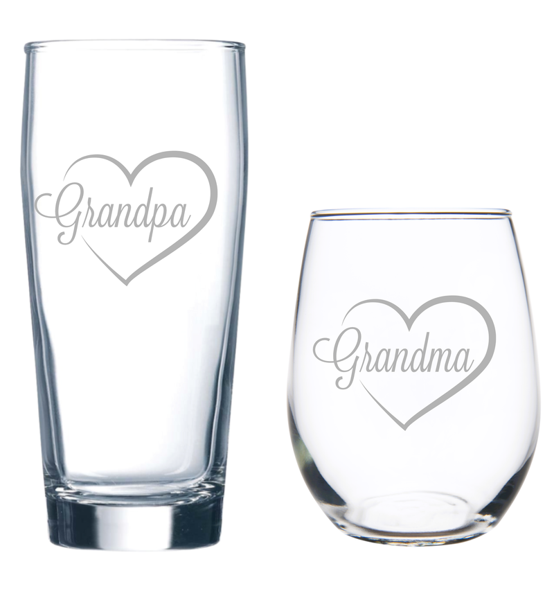 Grandpa 20 oz. Beer Glass  and Grandma 15 oz.  Stemless Wine Glass - Set of 2 – Grandpa and Grandma Gift for Men and Women