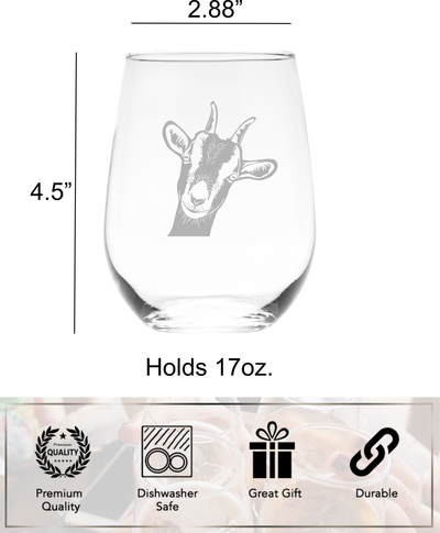 Goat Stemless Wine Glass - Goat Themed Gift for Women and Men - 17 oz. (Style G1)