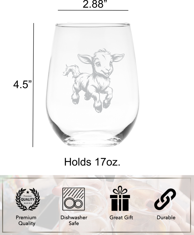 Goat Stemless Wine Glass - Goat Themed Gift for Women and Men - 17 oz (Style G4)