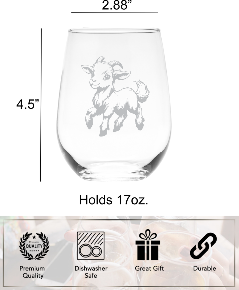 Goat Stemless Wine Glass - Goat Themed Gift for Women and Men - 17 oz (Style G5)