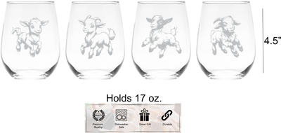 Goats Stemless Wine Glass Set – Goat Themed Gift for Women and Men  - 4 Pieces