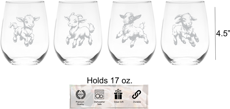 Goats Stemless Wine Glass Set – Goat Themed Gift for Women and Men  - 4 Pieces