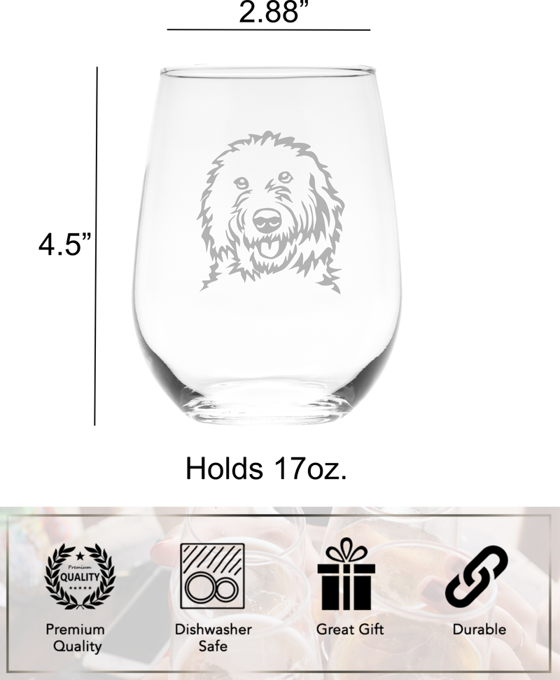 Goldendoodle Themed, Dog Stemless Wine Glass - Dog Lover Gift for Men and Women - 17 oz.