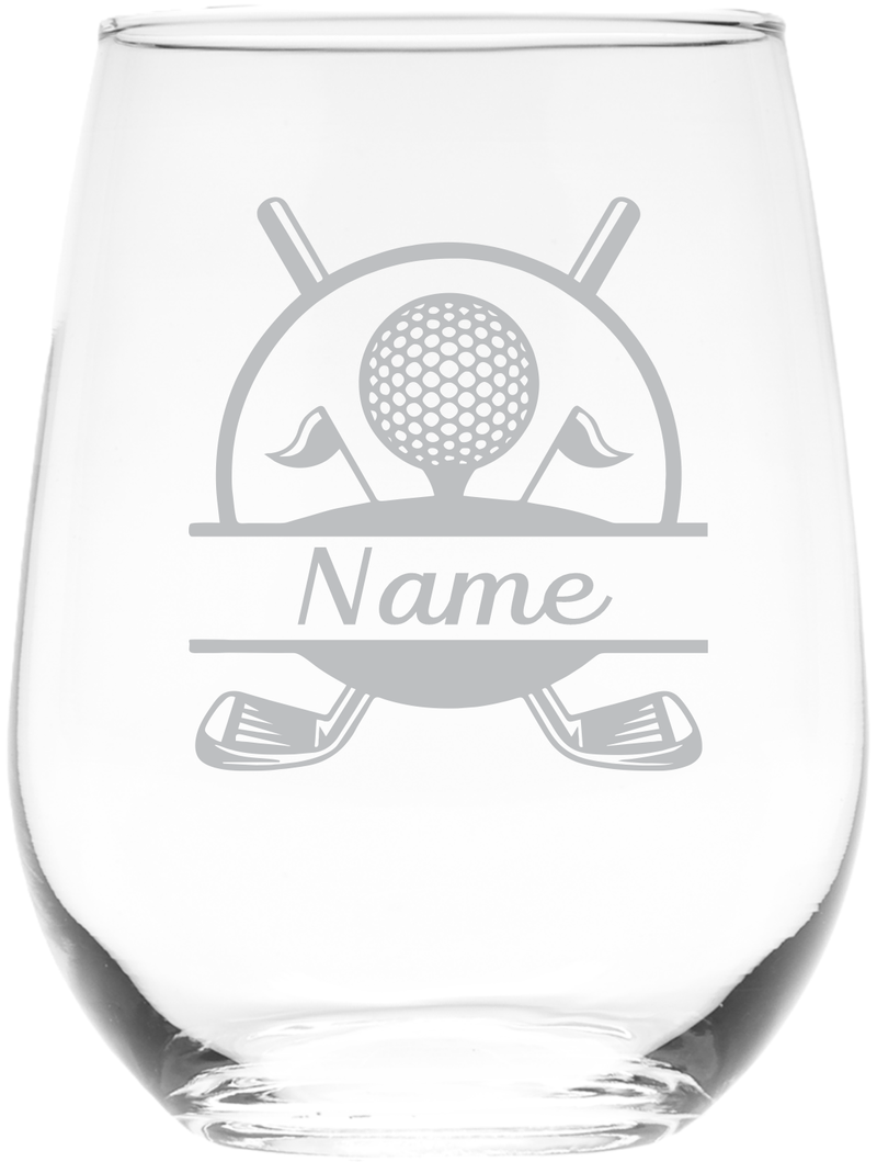 Golf Design with Name, 17 oz. Custom Stemless Wine Glass - Personalized Golf Themed Gift for Women and Men