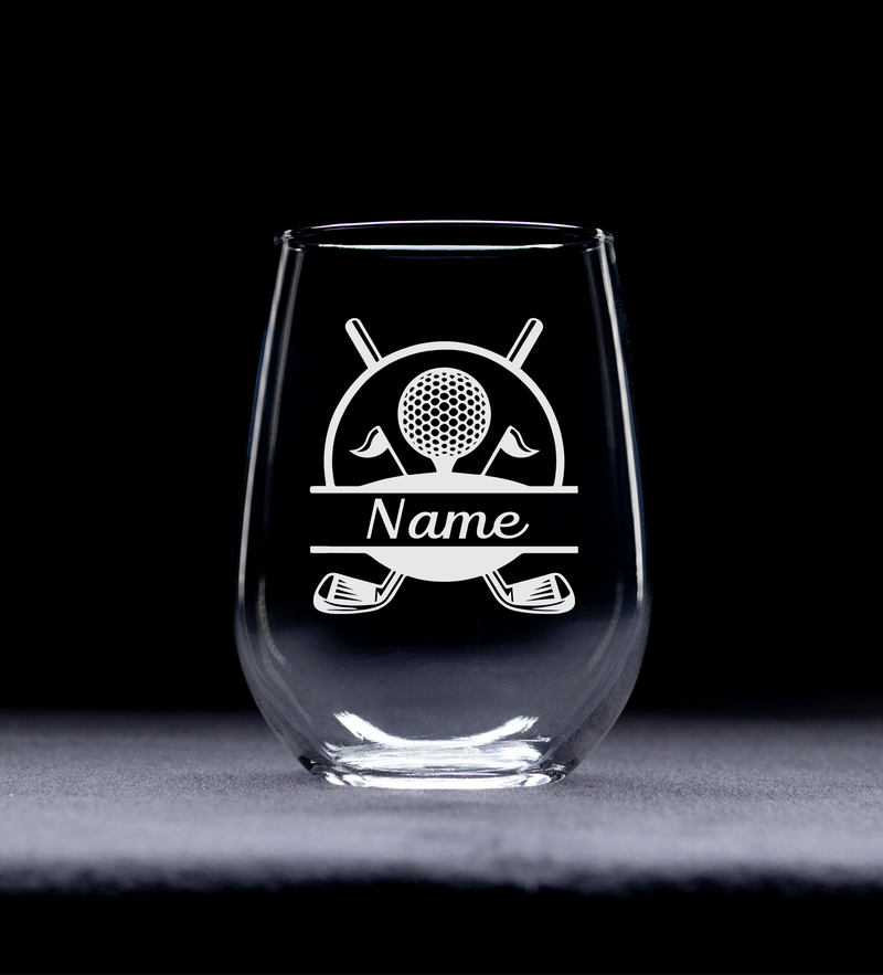 Golf Design with Name, 17 oz. Custom Stemless Wine Glass - Personalized Golf Themed Gift for Women and Men