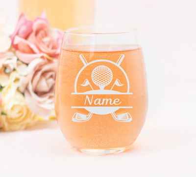 Golf Design with Name, 17 oz. Custom Stemless Wine Glass - Personalized Golf Themed Gift for Women and Men