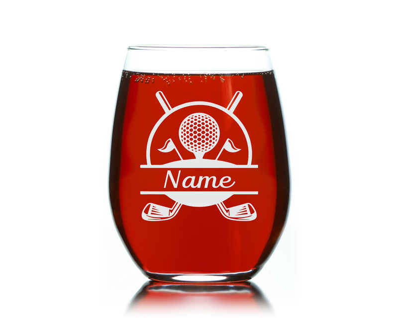 Golf Design with Name, 17 oz. Custom Stemless Wine Glass - Personalized Golf Themed Gift for Women and Men
