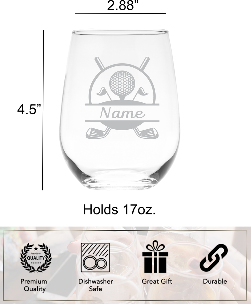 Golf Design with Name, 17 oz. Custom Stemless Wine Glass - Personalized Golf Themed Gift for Women and Men