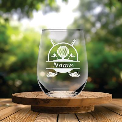Golf Design with Name, 17 oz. Custom Stemless Wine Glass - Personalized Golf Themed Gift for Women and Men