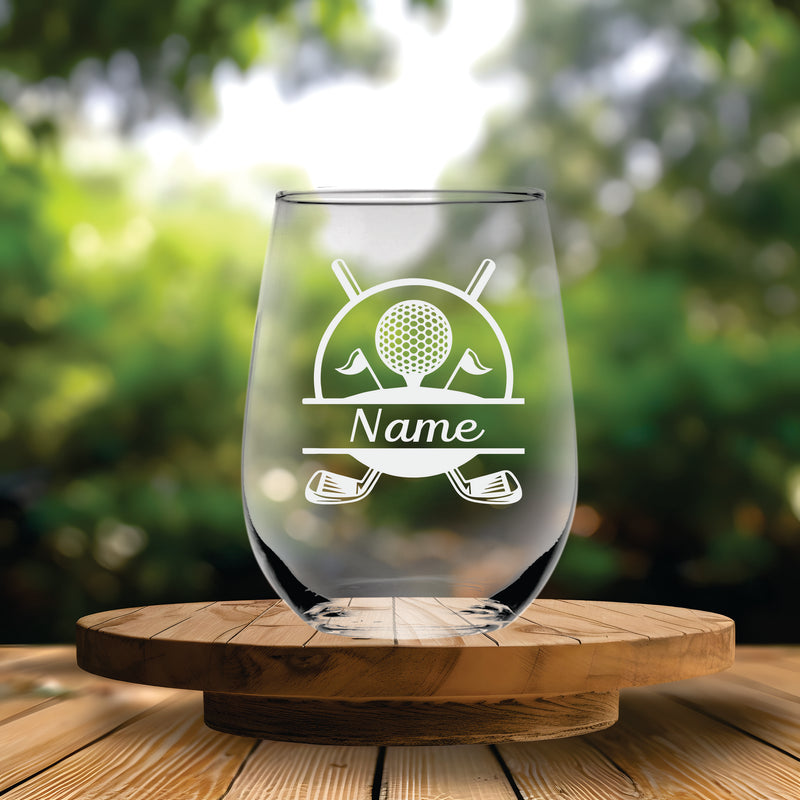 Golf Design with Name, 17 oz. Custom Stemless Wine Glass - Personalized Golf Themed Gift for Women and Men