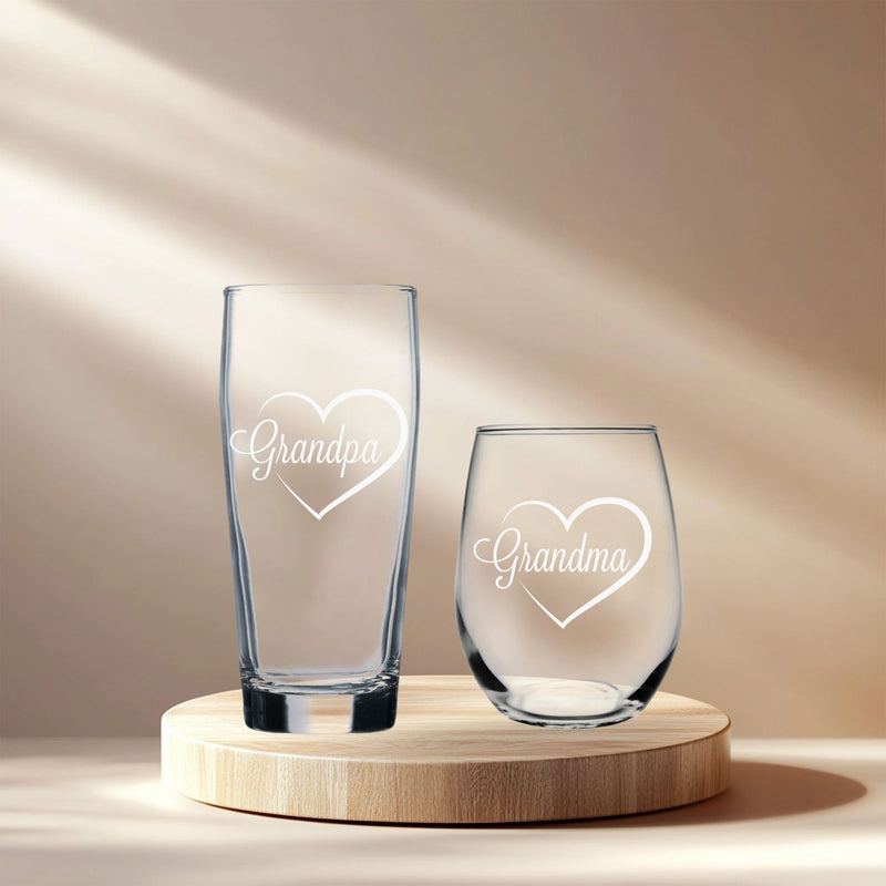 Grandpa 20 oz. Beer Glass  and Grandma 15 oz.  Stemless Wine Glass - Set of 2 – Grandpa and Grandma Gift for Men and Women