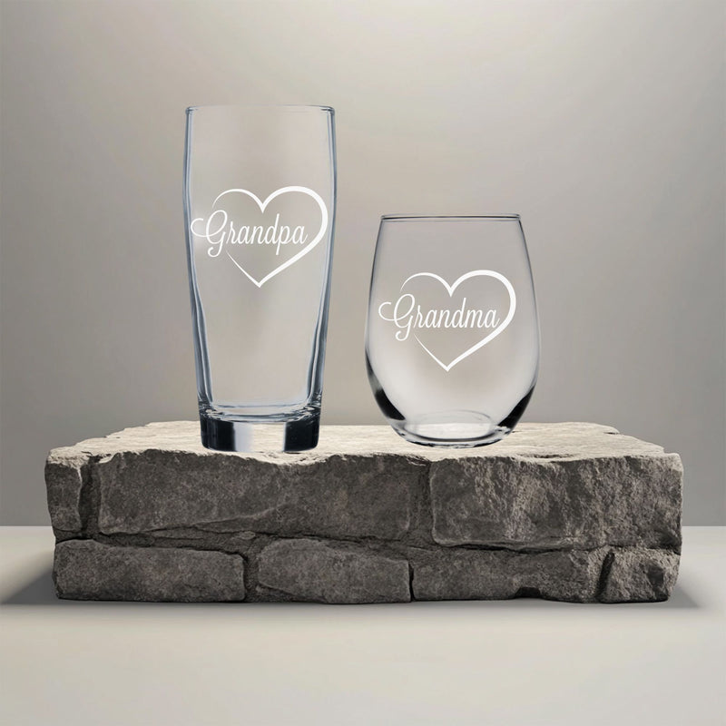 Grandpa 20 oz. Beer Glass  and Grandma 15 oz.  Stemless Wine Glass - Set of 2 – Grandpa and Grandma Gift for Men and Women