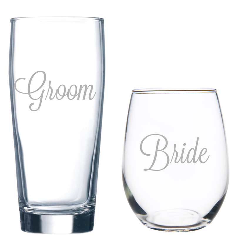 Groom Beer Glass  20 oz.  and Bride Stemless Wine Glass 15 oz.  - Set of 2 - Gift for Bridal, Engagement and Weddings