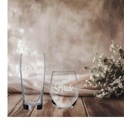Groom Beer Glass  20 oz.  and Bride Stemless Wine Glass 15 oz.  - Set of 2 - Gift for Bridal, Engagement and Weddings