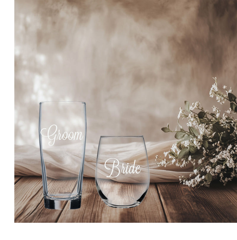 Groom Beer Glass  20 oz.  and Bride Stemless Wine Glass 15 oz.  - Set of 2 - Gift for Bridal, Engagement and Weddings