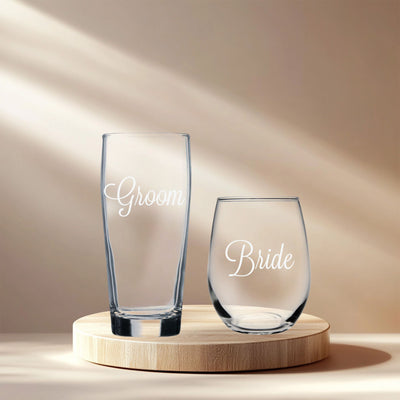 Groom Beer Glass  20 oz.  and Bride Stemless Wine Glass 15 oz.  - Set of 2 - Gift for Bridal, Engagement and Weddings