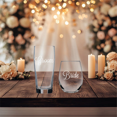 Groom Beer Glass  20 oz.  and Bride Stemless Wine Glass 15 oz.  - Set of 2 - Gift for Bridal, Engagement and Weddings