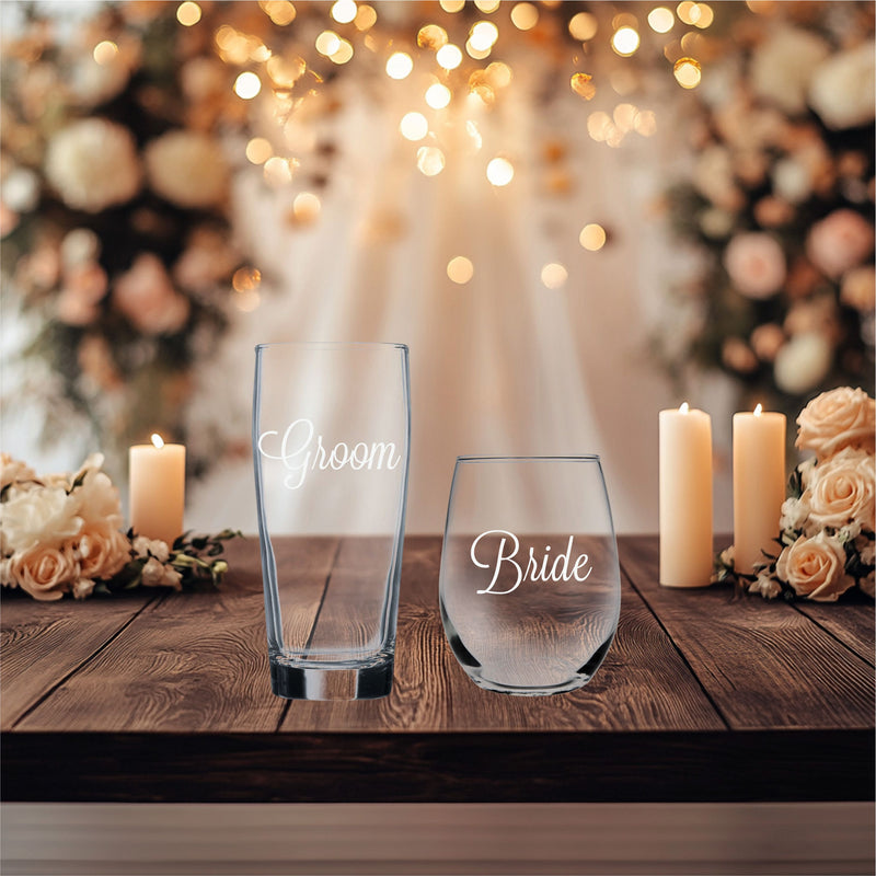 Groom Beer Glass  20 oz.  and Bride Stemless Wine Glass 15 oz.  - Set of 2 - Gift for Bridal, Engagement and Weddings