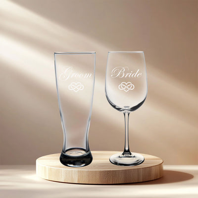 Groom and Bride with Infinity Hearts - Wedding Couple Glass Set - 23 oz. Beer Pilsner & 19 oz. Wine Glass-Anniversary Engagement Bridal Gift