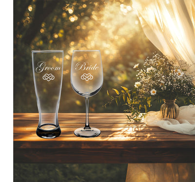 Groom and Bride with Infinity Hearts - Wedding Couple Glass Set - 23 oz. Beer Pilsner & 19 oz. Wine Glass-Anniversary Engagement Bridal Gift