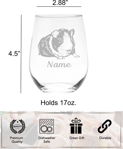 Guinea Pig with Name, 17 oz.  Custom Stemless Wine Glass - Personalized Guinea Pig Themed Gift for Women and Men